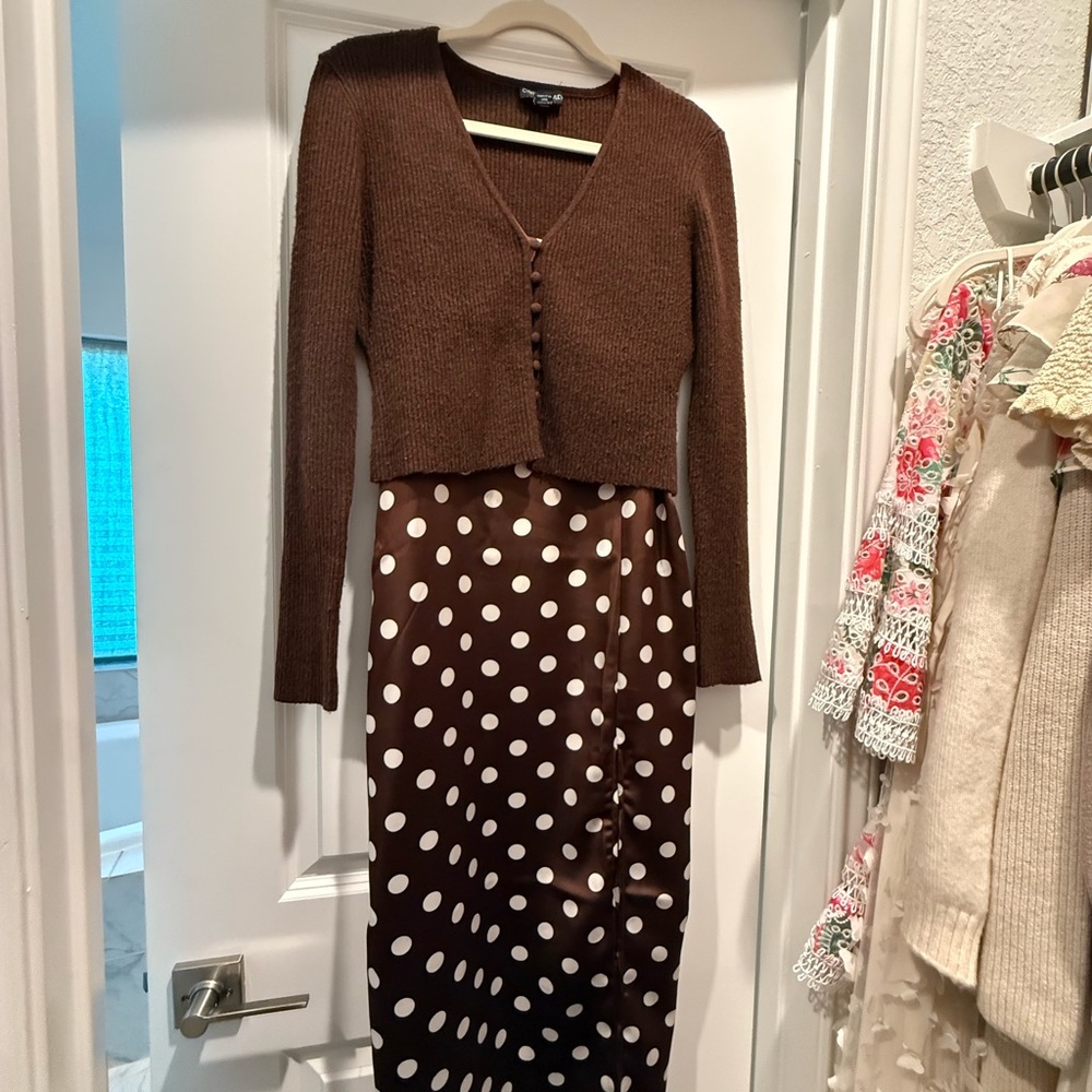 Brown Button-Front Cropped Cardigan + Brown Polka Dot Satin Dress